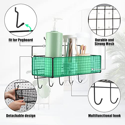 Shimeyao 2 Pcs Pegboard Accessories Set Including 2 Pegboard Baskets Bins with 5 Hooks 4 extra Hooks Black Metal Wire Basket Wall Mount Organizer for Workbench Garage Storage Attachments
