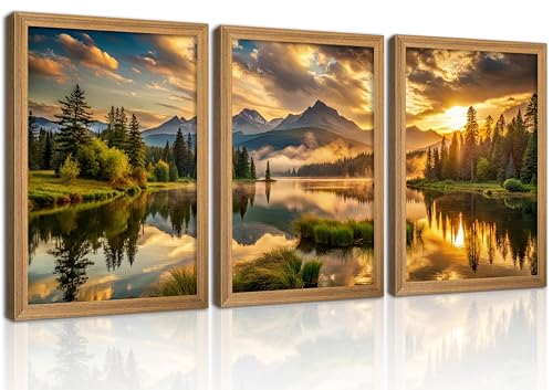 3Pcs Framed Mountain Lake Sunset Landscape Canvas Wall Art，Nature Forest Reflection Poster, Rustic Wall Decor for Living Room Bedroom Office - color: Golden yellow, size: 16"L x 12"W