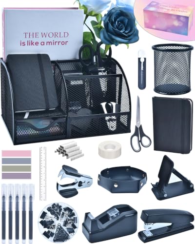 Black Desk Accessories, 24Pcs Office Supplies and Desk Organizers, with Tape Dispenser, Stapler, Staple Remover, Ect, Gift Box Packaging - color: Black