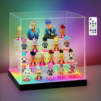 Acrylic Display Case with RGBW LED Light, 4 Tier Clear Display Box, Dustproof Display Cabinet Shelf for Action Figures and Collectibles, Mini Toys, Assembly Showcase (11.81x8.86x12.2in) - size: 4 Tier 11.81x8.86x12.2in