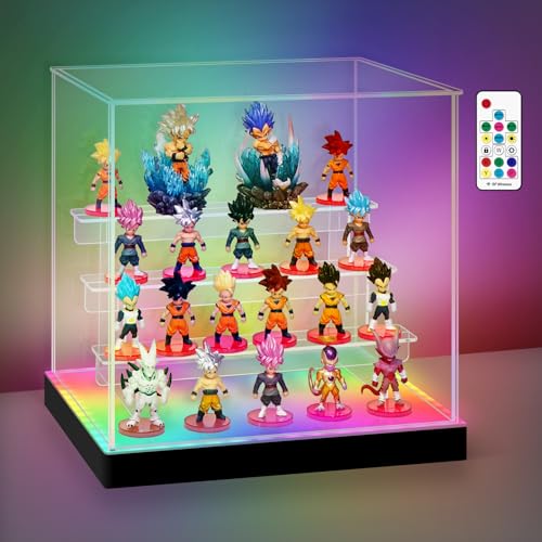 Acrylic Display Case with RGBW LED Light, 4 Tier Clear Display Box, Dustproof Display Cabinet Shelf for Action Figures and Collectibles, Mini Toys, Assembly Showcase (11.81x8.86x12.2in) - size: 4 Tier 11.81x8.86x12.2in