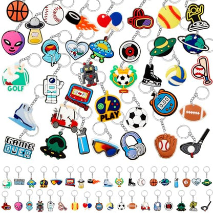 Batiyeer 36 Pack Cartoon Keychains Bulk, Novelty Sports, Robot, Alien, Video Game PVC Key Rings for Party Favors, Team Prizes, Event Giveaways, Corporate Rewards and Office Challenges - style: Game