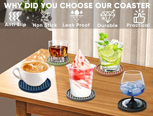 Coasters for Drinks 6 Pcs Drink Coaster with Holder,Heat Resistant Silicone Cup Mat Tabletop Protection,Non-Slip Rubber Coasters for Kinds of Cups (Grey) - color: Gray-plastic Holder