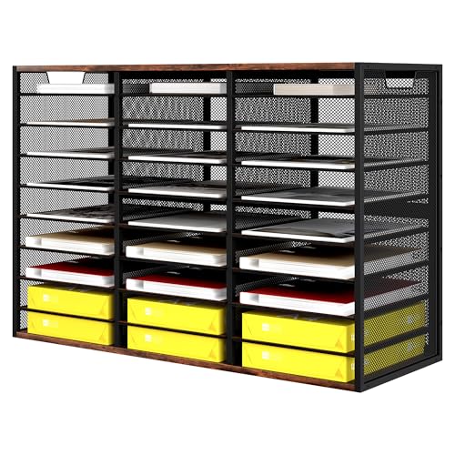 TQVAI 27 Compartments Desktop Literature Organizer, Metal Frame Paper Sorter with Handles, Heavy Duty Mailbox for Classroom and Office, Wood File Organizer for Document, Bill, Magazine, Antique Brown - color: Antique Brown, size: 31.5" W X 12.2" D X 21.46