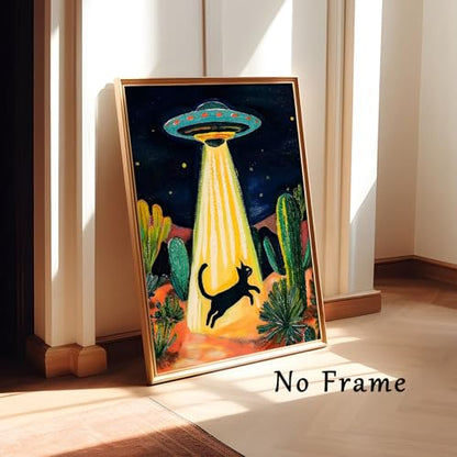Retro Ufo Canvas Wall Art Desert Cactus Picture Ufo Poster Funny Black Cat Prints Dark Moody Landscape Painting Cat Abstract Animal Poster Alien Abduction Art Desert Landscape Artwork 16x24in No Frame - color: A2Unframed