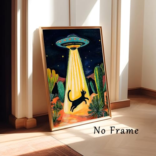 Retro Ufo Canvas Wall Art Desert Cactus Picture Ufo Poster Funny Black Cat Prints Dark Moody Landscape Painting Cat Abstract Animal Poster Alien Abduction Art Desert Landscape Artwork 16x24in No Frame - color: A2Unframed