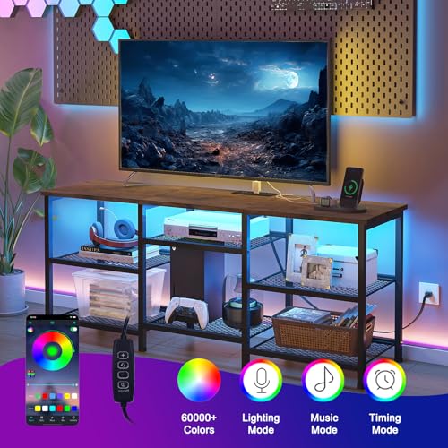 YGEOMER TV Stand for Living Room TVs Up to 50 Inches, Entertainment Center with Power Outlet and LED Lights Open Storage Shelves, TV Console for Bedroom, Rustic Brown - color: Rustic Brown