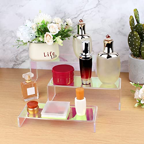 3 Tier Acrylic Riser Display Shelf Cupcake Stand for Amiibo Funko POP Figures,Perfume & Cologne Organizer,Desserts Holder,Jewelry Display Shelf Risers for Décor,2 Sets of 3-Pack (Iridescent) - color: Iridescent