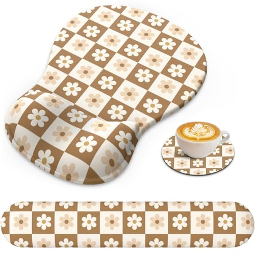 Mouse Pad with Wrist Rest, 3-in-1 Premium Lycra Fabric Memory Foam Ergonomic Wrist Support for Keyboard, Laptop & Desktop, Pain Relief Mousepad with Non-Slip PU Base for Office & Home (Flower Plaid) - color: Flower Plaid