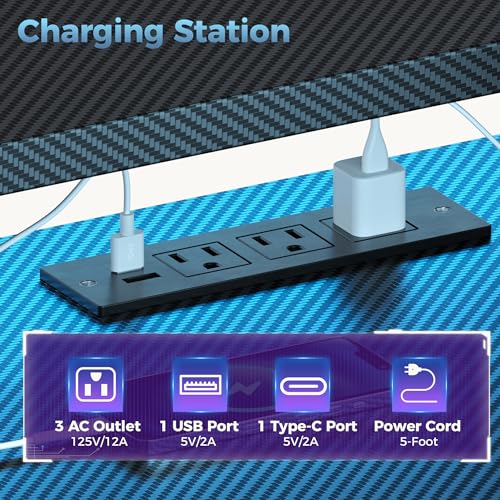 DUMOS L Shaped Gaming Desk with Shelves Storage Drawers 58'', Black Computer Desks with LED Lights Power Outlets, Office Wood Table with PC Stand Cable Management for Bedroom Dual Monitor Streaming