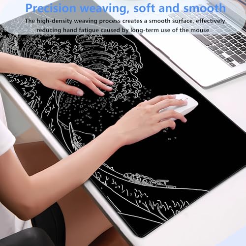 Great Wave Desk Mat, Black White Line Art Large Gaming Mouse Pad | Minimalist black and white wave desk pad with 3mm dense cushion, smooth cloth top, and non-slip rubber foundation. - color: Ukiyo-e of the Waves