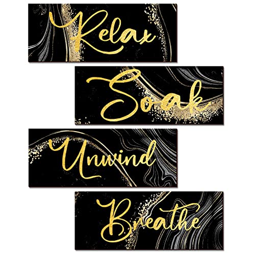 Yulejo 4 Pcs Black and Gold Bathroom Decor Black Gold Wall Decor Relax Soak Unwind Breathe Wall Art Wooden Sign Rustic Marble Bathroom Accessories for Women Living Room Bedroom Home Laundry (10 x 4)
