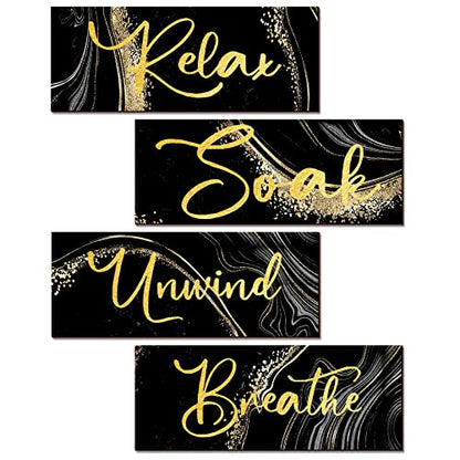 Yulejo 4 Pcs Black and Gold Bathroom Decor Black Gold Wall Decor Relax Soak Unwind Breathe Wall Art Wooden Sign Rustic Marble Bathroom Accessories for Women Living Room Bedroom Home Laundry (10 x 4)