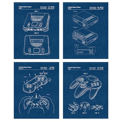 Classic Video Game Console Controller Patent Prints, 4 (8x10) Unframed Photos, Wall Art Decor for Home Work Office Studio Tech Lounge Robotics Gears Online Battle Royales Gaming Shop School Student Teacher - color: Blue