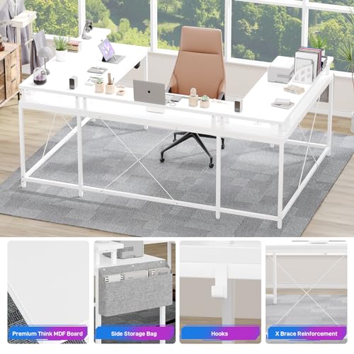 U Shaped Desk with Power Outlet & LED Lights, 79" Reversible Computer Desk with Monitor Stand, Wood Home Office Desks Gaming Desk with Shelving, Side Storage Pockets, White - color: White