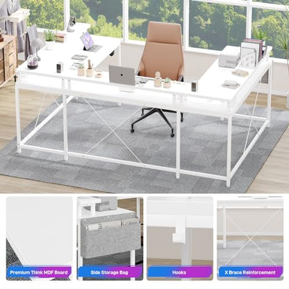 U Shaped Desk with Power Outlet & LED Lights, 79" Reversible Computer Desk with Monitor Stand, Wood Home Office Desks Gaming Desk with Shelving, Side Storage Pockets, White - color: White