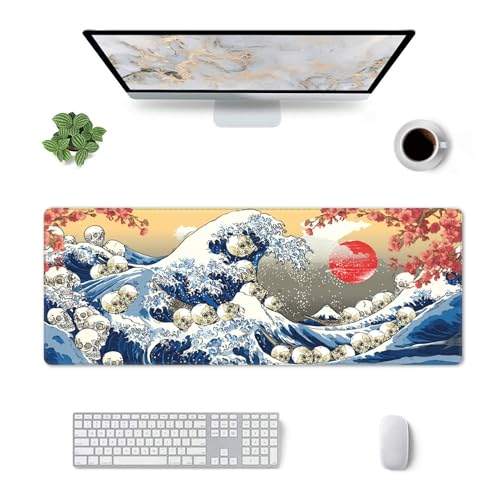 Japanese Waves Skull Mouse Pad Extended Large Gaming Mouse Pad XL Stitched Edges for Gamer Home Office 31.5 X 11.8 Inch - color: Waves Skull