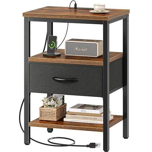 SUPERJARE Nightstand with Charging Station, Bed Side Table with Adjustable Fabric Drawer, Night Stand for Bedroom, 3-Tier Storage End Table, for Living Room, Rustic Brown and Black - color: Rustic Brown and Black, size: M (11.8"D x 15.7"W x 23.4"H)