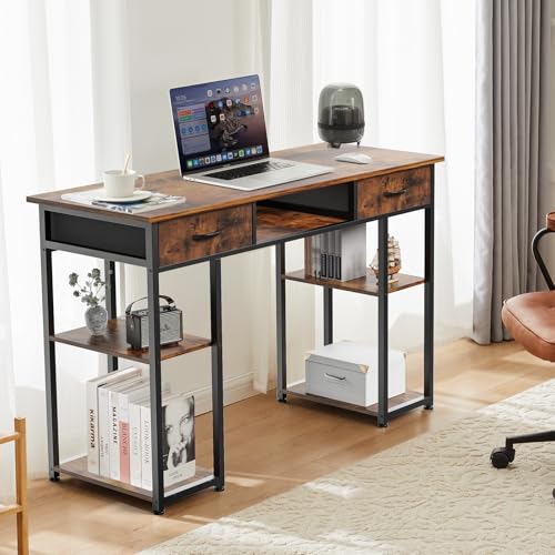 DUMOS 48" Small Computer Home Office Desk for Bedroom with Drawers, Gaming Writing Study Table with Storage Shelf, Adjustable Feet, Metal Frame Natural Brown - color: Rust Brown, size: 48-In
