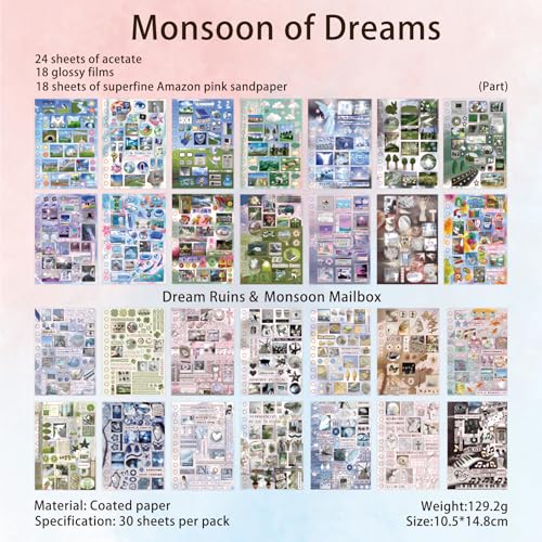 Monsoon Postbox Sticker Book, 30 Sheets Japanese Decals | Glossy, matte, textured finishes; clean-edge cuts; journals, scrap albums, planners, prayer, vision boards, cards, crafts - color: Dream Monsoon