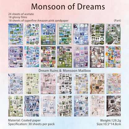 Monsoon Postbox Sticker Book, 30 Sheets Japanese Decals | Glossy, matte, textured finishes; clean-edge cuts; journals, scrap albums, planners, prayer, vision boards, cards, crafts - color: Dream Monsoon