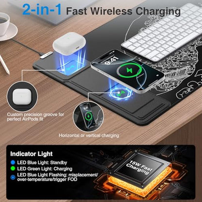 Wireless Charging Mouse Pad with Foldable Phone Holder, 31.5"x15.8" Large Desk Mat for Laptop/Keyboard, Waterproof Ultra-Smooth Surface, Non-Slip Base, Black Wave - color: Black Wave-31.5"x15.8"-Phone Holder