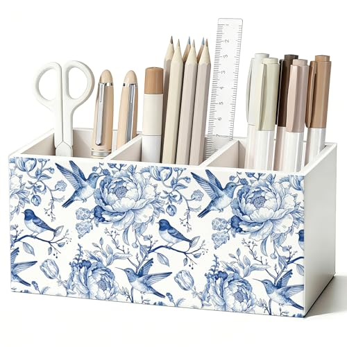 Blue Chinoiserie Bird Floral Pen Pencil Holder for Desk, Bird Lovers Gifts, Cottagecore Flower Botanical Wooden Box Sign Decorations for Home Office Girls Room Bedroom Desk Tabletop - color: 03- Blue Flower (white)