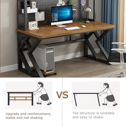 39.3in Gaming Desk with Bookshelf, Pegboard & Storage Shelves (Brown, 39.3in) - color: Brown, size: 39.3in