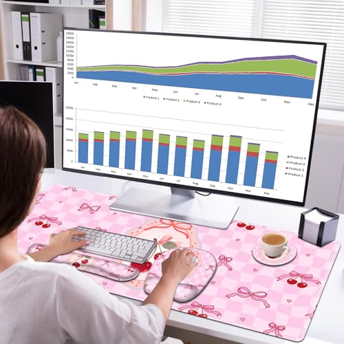 Cute Check Mouse Pad with Wrist Support 4 in1 Set, XXL Big Game Mousepad + Keyboard Wrist Rest + Mouse Wrist Rest Pad +Coaster Gaming Mat for Work Study Home Office I Pink Cherry & Bow Dream - color: Pink Cherry & Bow Dream