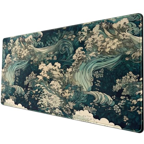 Japanese Large Mouse Pad Gaming Sea Wave Desk Pad Blue Sea Flower Art Aesthetics Desk Pad Non-Slip Rubber Base Mice Pad, 31.5 X 11.8 in for Laptop Computer Mouse Keyboard Mat of Office Desk Decor - color: C-japan's Surprise Wave