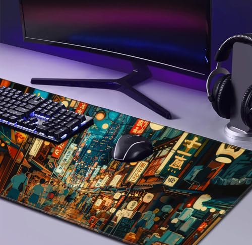 Cute Japanese Street Keyboard Desk Mat, Tokyo Night View Computer Mouse Mat | Large Extended Mouse Pad; Full Desk Coverage; Waterproof Coating; Stable Anti-Slide Base For Gaming, Office, Study Daily Use - color: Tokyo Street