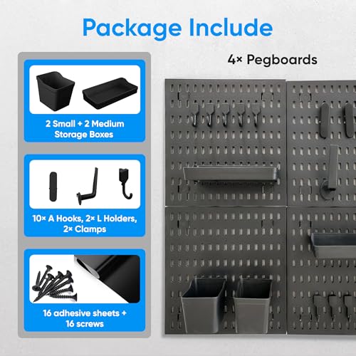 Black Pegboard Organizer Set with Hooks & Storage Boxes, Desk or Wall Peg Board Panels for Tools, Crafts, and Office Supplies – 4 Boards (30×30 cm Each)