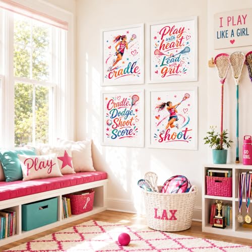 Girls Lacrosse Wall Art Set of 4, Inspirational Lacrosse Posters for Girls Bedroom, Pink Watercolor Sports Wall Decor, Motivational Quote Prints, Teen Athlete Room Decor, Preppy Lacrosse Gift for Girl Players, 8x10 Unframed Print Set - style: Girls Lacros