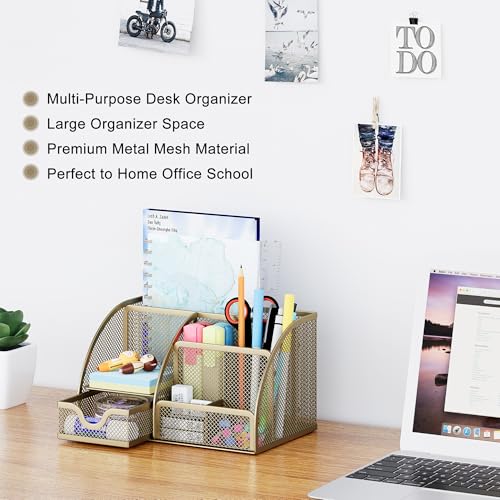 EasyPAG Mesh Desk Organizer with Drawer Multi-functional Pen Holder Stationery Organizer for Office School Supplies 6 Compartments Dorm Organizers and Storage for Desk, Gold - color: Gold