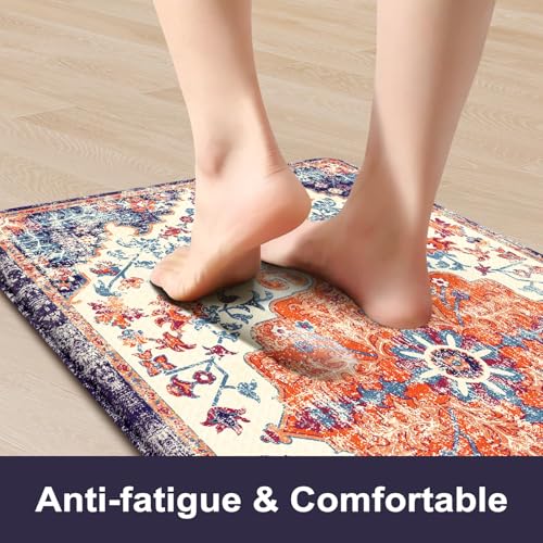 KIMODE Anti Fatigue Kitchen Mat, Boho Vintage Kitchen Rugs Sets of 2, Cushioned Non-Slip Kitchen Mats for Floor, Comfort Kitchen Floor Mats for Sink, Laundry, Desk Orange/Purple,17"x47"+17"x29" - color: Orange/Blue/Multi, size: 17.3" x 47"+17.3" x 29"--0.