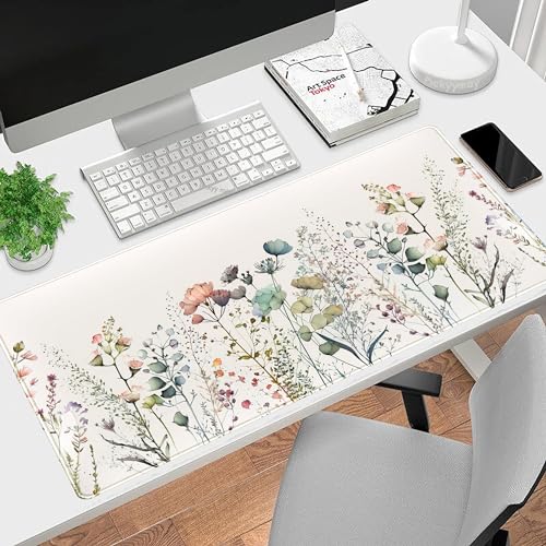 Floral Desk Mat Beige Boho Desk Pad, Large Extend Mouse Pad XXL, Cute Minimalist Flowers Keyboard Mat, Esthetics Desktop Mat Laptop Wireless Mouse Mat for Desk, Gift for Women 31.5"x15.75" - color: Off White Flowers