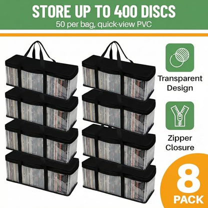Evelots CD Storage Bags (8 Pack) Clear PVC Plastic Media Carrying Case with Zipper - Holds 400 CDs Total - Strong Handles - Protects CDs, Video Games, Music from Dirt & Moisture - size: 8-Pack (Holds 400), style: CD Storage Bag
