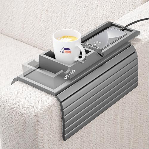 Bestjing Bamboo Couch Armrest Table, Sofa Arm Tray with Detachable Couch Cup Holder- 2 in 1 Anti-Slip Foldable Sofa Armchair Caddy Table for Drinks Cellphone TV Remote Snacks (Gray) - color: Gray, size: 16.3" x 13.3" x 2"