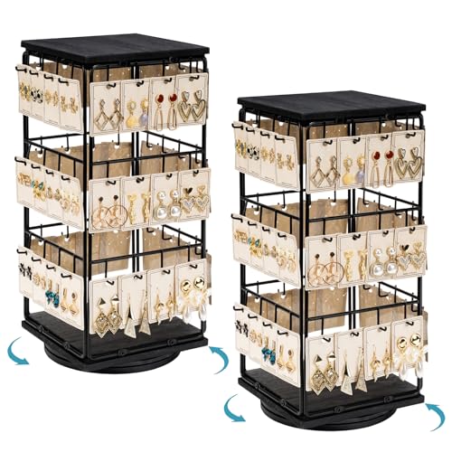 360 Rotating Earring Display Stands for Selling, Earring Rack Display Holder Stand, Jewelry Display for Selling Earring Cards, Necklaces, Rings, Bracelets, Hair Accessories (2 Pack) - color: Black, size: 2Pcs-Rotating Size