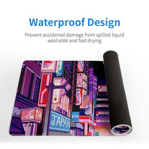 Dark Purple Japanese Gaming Mouse Pad Abstract Anime Mat 27.6x11.8 Inch Tokyo Pixel Street Texture Non-Slip Rubber Base Kawaii Mousepad Stitched Edges Keyboard Desk Pad for Office and Home Game - color: Japanese Street