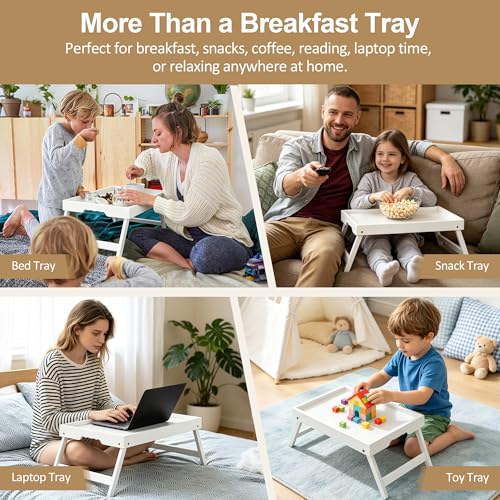 Large Breakfast Tray with Folding Legs Set of 2, 16.9" x 12.2" Bamboo Bed Tray Table with Ergonomic Wave Handles, Foldable TV Dinner Tray for Bed Couch Sofa, Breakfast, Laptop, Coffee,White - color: White, size: Large
