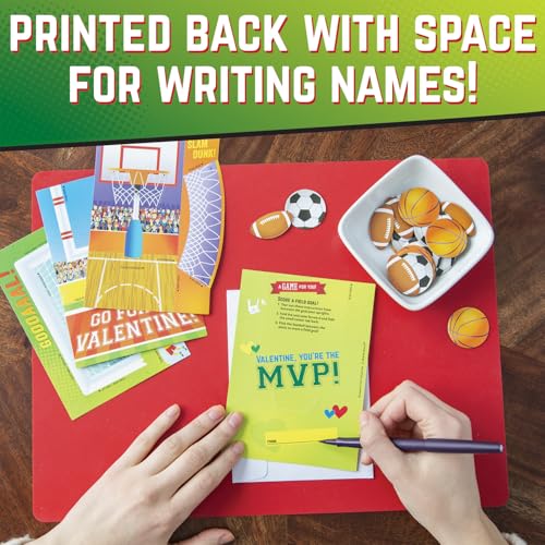 Peaceable Kingdom Valentines Cards for Kids Classroom, Set of 28 Valentines Day Gifts - Flick 'em Sports Games