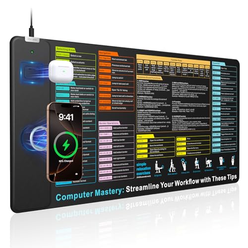 Wireless Charging Mouse Pad with Excel Formulas Shortcuts, 31.5"x15.8" Extra Large Office Spreadsheet Cheat Sheet Desk Mat, Waterproof Ultra-Smooth Surface, Non-Slip Base - color: Black-Excel Shortcuts-31.5"x15.8"