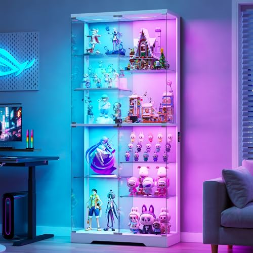 HNEBC Display Cabinet with Glass Doors - 10-Tiers 71” Curio Cabinet with RGB Lights, Frameless Tall Display Case for Collectibles/Figures, Locking Showcase Cabinet with Shelf for Living Room (White)