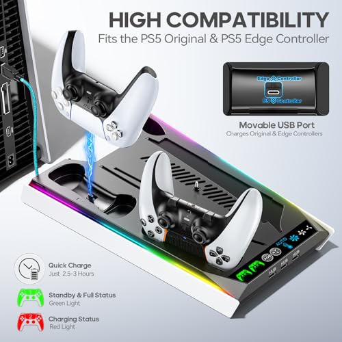 PS5/Slim/Pro Stand for Disc & Digital Console, PS5 Cooling & Charging Station with RGB Lights, PS5 Controller Charger Built-in 3 Level & AUTO Adjustable Fan, Accessories for PlayStation 5 Cases - color: Black & White