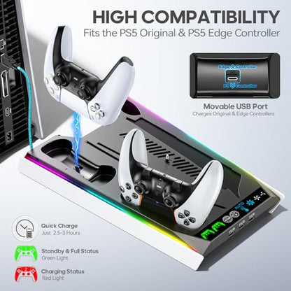 PS5/Slim/Pro Stand for Disc & Digital Console, PS5 Cooling & Charging Station with RGB Lights, PS5 Controller Charger Built-in 3 Level & AUTO Adjustable Fan, Accessories for PlayStation 5 Cases - color: Black & White