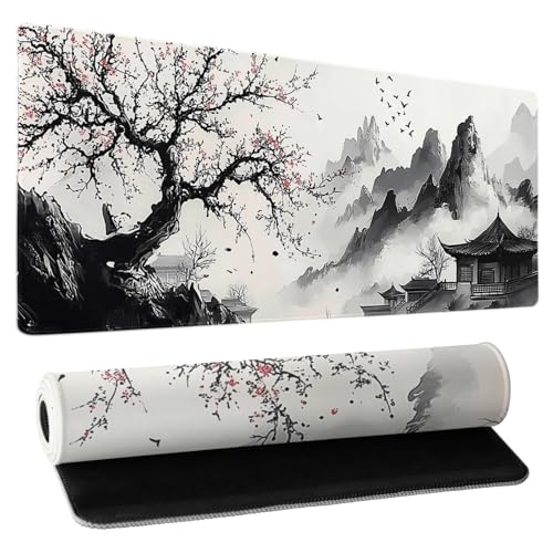 Japanese Anime Art Landscape Large Mouse Pad Large Extended Mouse Pad 31.5”x11.8” Non-Slip Rubber Base Full Desk Pad Japanese Sakura Gaming Keyboard Mat with Stitched Edges for Home Office Gaming Work - color: Japanese Anime Art Landscape, size: 31.5x11.8