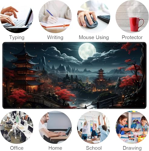 Japanese Full Moon Large Mouse Pad,Gaming Keyboard Desk Pad,Extended Mouse Mat Non-Slip Rubber Base with Stitched Edges for Office Game Home XXL 35.4"x15.7" - color: Japanese Moon, size: 35.4L x 15.7W inches