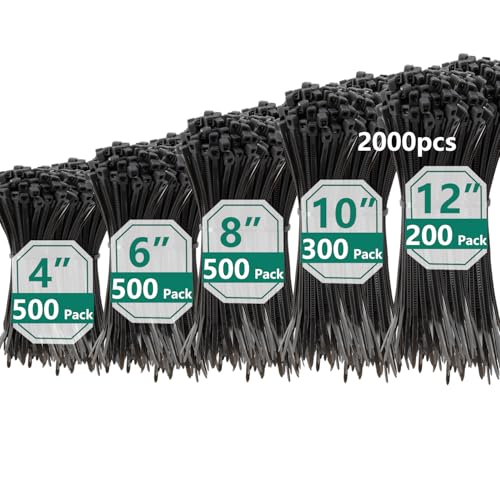 2000 PCS Zip Ties Assorted Sizes 4+6+8+10+12 Inch Self-locking Nylon Cable ties Outdoor, UV Resistant Wire Straps for Home Office Garden Workshop Indoor Outdoor Fence(Black) - color: Black, size: 4+6+8+10+12 inch(2000pcs)