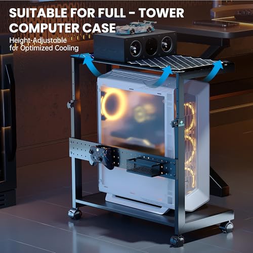 EUREKA ERGONOMIC Height Adjustable Computer Tower Stand, Illuminated Glass Panel PC Stand w/RGB Lights, 2-Tier CPU Holder Cart Under Desk, PC Floor Stand for Office Gaming, APP Control - color: Mix Color Lite